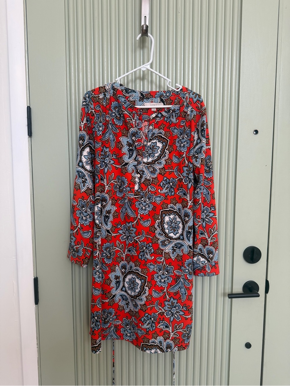 LOFT Red Paisley-Print Long Sleeve Shift Dress